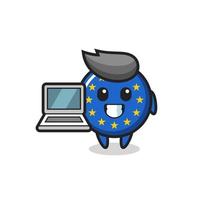 mascotte illustratie van europa vlag badge met een laptop vector