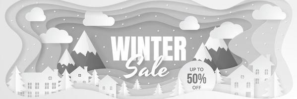 winter verkoop banner papier gesneden landschap. vector illustratie