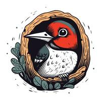 specht in een vogel nest. hand- getrokken vector illustratie.