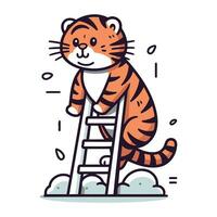 schattig tijger beklimming ladder. vector illustratie in vlak tekenfilm stijl.