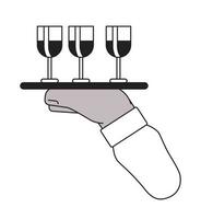 wijn bril dienblad Holding tekenfilm hand- schets illustratie. drankjes wijnglazen 2d geïsoleerd zwart en wit vector afbeelding. prima dining bediende. dranken portie vlak monochromatisch tekening klem kunst