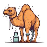 kameel met een fles van melk. vector illustratie in tekenfilm stijl.