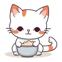 schattig kat met kom van voedsel karakter vector illustratie ontwerpicoon.