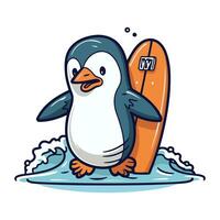 schattig pinguïn met surfplank. vector illustratie van een grappig tekenfilm pinguïn.