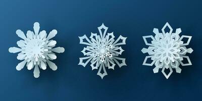 vector reeks wit Kerstmis papier besnoeiing 3d sneeuwvlok met schaduw Aan blauw gekleurde achtergrond. winter ontwerp elementen voor presentatie, banier, omslag, web, folder, kaart, uitverkoop, poster, glijbaan en sociaal media