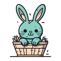 schattig tekenfilm konijn in een mand. vector illustratie Aan wit achtergrond.
