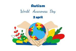 wereld autisme bewustzijn dag vector spandoek. aarde wereldbol in handen, planten in vlak stijl. sjabloon kaart