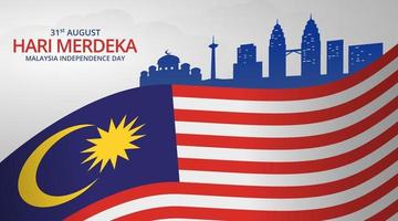 Maleisië onafhankelijkheidsdag achtergrond met wapperende vlag en landmark vector