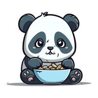 schattig tekenfilm panda aan het eten een kom van voedsel. vector illustratie.