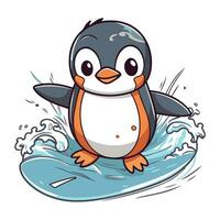 schattig pinguïn Aan een surfplank. tekenfilm vector illustratie.