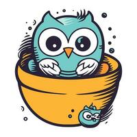 schattig tekenfilm uil in een kom van water. vector illustratie.