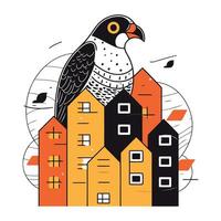 vector illustratie van een vogel Aan de dak van een huis in de stad.