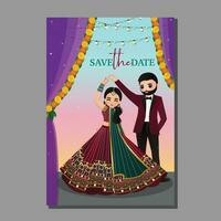 bruiloft uitnodigingskaart het schattige paar bruid en bruidegom in traditionele Indiase jurk stripfiguur vector
