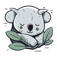 schattig koala tekenfilm vector illustratie. hand- getrokken schattig koala met bladeren.