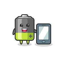 batterij illustratie cartoon met een smartphone vector