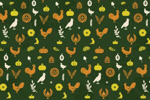 een knus herfst oogst patroon met kippen, pompoenen, en zonnebloemen vector