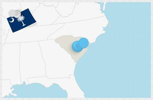 kaart van zuiden carolina met een vastgemaakt blauw pin. vastgemaakt vlag van zuiden carolina. vector