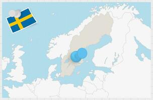 kaart van Zweden met een vastgemaakt blauw pin. vastgemaakt vlag van Zweden. vector