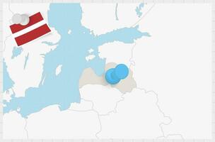 kaart van Letland met een vastgemaakt blauw pin. vastgemaakt vlag van Letland. vector