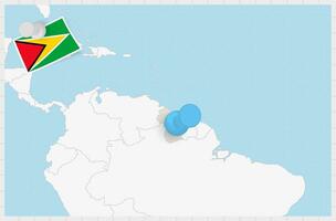 kaart van Guyana met een vastgemaakt blauw pin. vastgemaakt vlag van guyana. vector