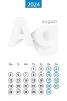 kalender voor augustus 2024, blauw cirkel ontwerp. Engels taal, week begint Aan maandag. vector