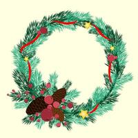 Kerstmis krans van Spar takken met rood lint in de omgeving van, rood lijsterbes bessen en Spar kegels Aan achtergrond. vector