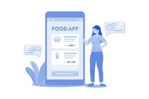 meisje bestellen voedsel van mobiel app vector
