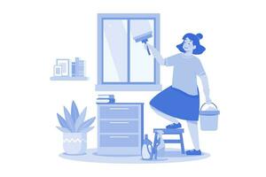 vrouw aan het doen venster schoonmaak met schoonmaak uitrusting vector