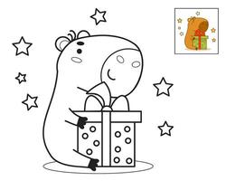 schattig gelukkig capibara in met geschenk. vector illustratie. grappig feestelijk dier karakter knaagdier. lineair hand- tekening, kleur boek. kinderen verzameling.