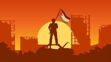 Palestina landschap vector illustratie. silhouet van Mens Holding Palestina vlag in de vernietigd stad. landschap illustratie van oorlog voor sociaal problemen, nieuws, ondersteuning of conflict