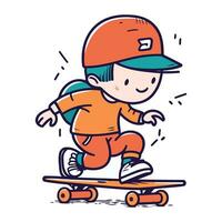 weinig jongen rijden een skateboard. schattig tekenfilm vector illustratie.