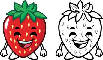 gelukkig aardbei fruit met een gezicht tekenfilm karakter mascotte vector illustratie, aardbei tekenfilm gekleurde en zwart en wit lijn tekening voorraad vector beeld