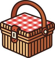 klassiek geweven picknick mand met een rood en wit geruit kleding gluren uit, vector illustratie, geweven picknick mand met een handvat, rieten picknick mand, voorraad vector beeld