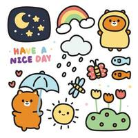 reeks van schattig kat met weer icoon tekenfilm concept.huisdier dier karakter collectie. maan, ster, regenboog, vlinder, bloem, libel hand- getekend.miauw minnaar.kawaii.vector.illustratie. vector