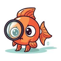 tekenfilm schattig oranje vis met vergroten glas. vector illustratie.