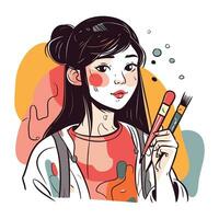 vector illustratie van een mooi meisje met verf borstels in haar hand.