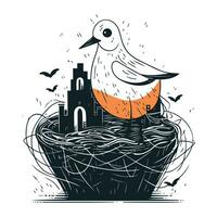 vector hand- getrokken illustratie van een vogel in de nest met een kasteel.