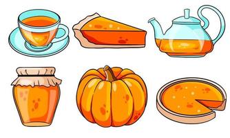 herfst set. pompoen, hete thee, waterkoker, mok, pompoentaart, jam. vector