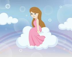 een tekenfilm meisje zittend Aan een wolk met een regenboog vector