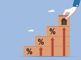 echt landgoed. huis, eigendom investering, Bedrijfsmiddel beheer, interesseren tarieven, lening hypotheek, huis belasting. hand- Holding huis icoon Aan houten blok van stack van blok met procent en stijgen van pijl.vector. vector