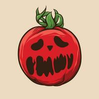 halloween tomaten reeks met eng gezichten en groen bladeren vector
