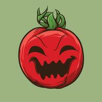 halloween tomaten reeks met eng gezichten en groen bladeren vector