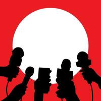 silhouet van druk op conferentie, media interview, journalist microfoon. vector illustratie