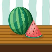 watermeloen Aan een tafel met een plak besnoeiing in voor de helft vector