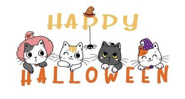 leuk grappig kattengezichtshoofd op halloween-banner, gelukkig halloween vector