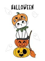 schattig katje katten pompoen hoofd halloween kostuum vector