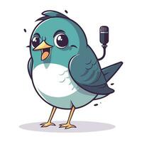 vector illustratie van een schattig tekenfilm blauw vogel het zingen met een microfoon.