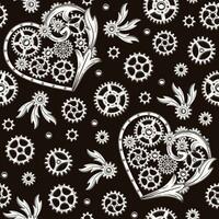 naadloos patroon met hart, versnellingen, klinknagels, Victoriaans elementen in steampunk stijl. wit elementen Aan een zwart achtergrond. vector