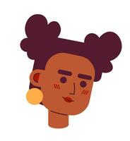 twee broodjes zwart meisje met oorbellen 2d vector avatar illustratie. modieus vrouw Afrikaanse Amerikaans tekenfilm karakter gezicht portret. modieus vlak kleur gebruiker profiel beeld geïsoleerd Aan wit achtergrond