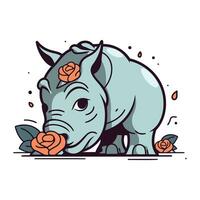schattig neushoorn met rozen. tekenfilm vector illustratie.